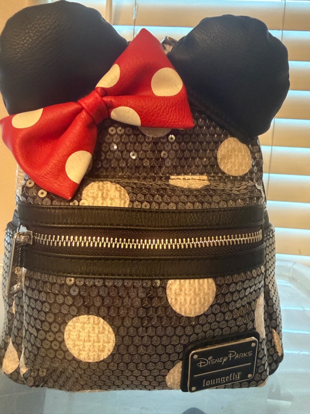 Loungefly Disney Parks Minnie Mouse Sequin Mini Backpack in Black, Red, White